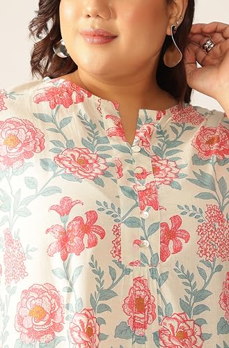Image of Janasya Women's Plus Size Off White Pure Cotton Floral A-Line Tunic