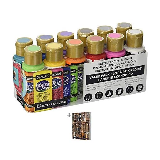 DecoArt Americana Acrylic Paint - 12 Ct Basic Assorted Acrylic Paints Value Pack - Medium Viscosity Water Based Multi Surface Acrylic Paint Set for Arts and Crafts, Wall Art, Model Kit Paint + E-Book