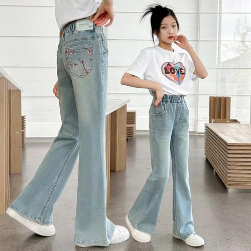 Girls' Flare Jeans with Floral Embroidery Pocket Elastic Wasit Wide Leg Denim Pants Baggy Cute Y2k Bell-Bottoms3