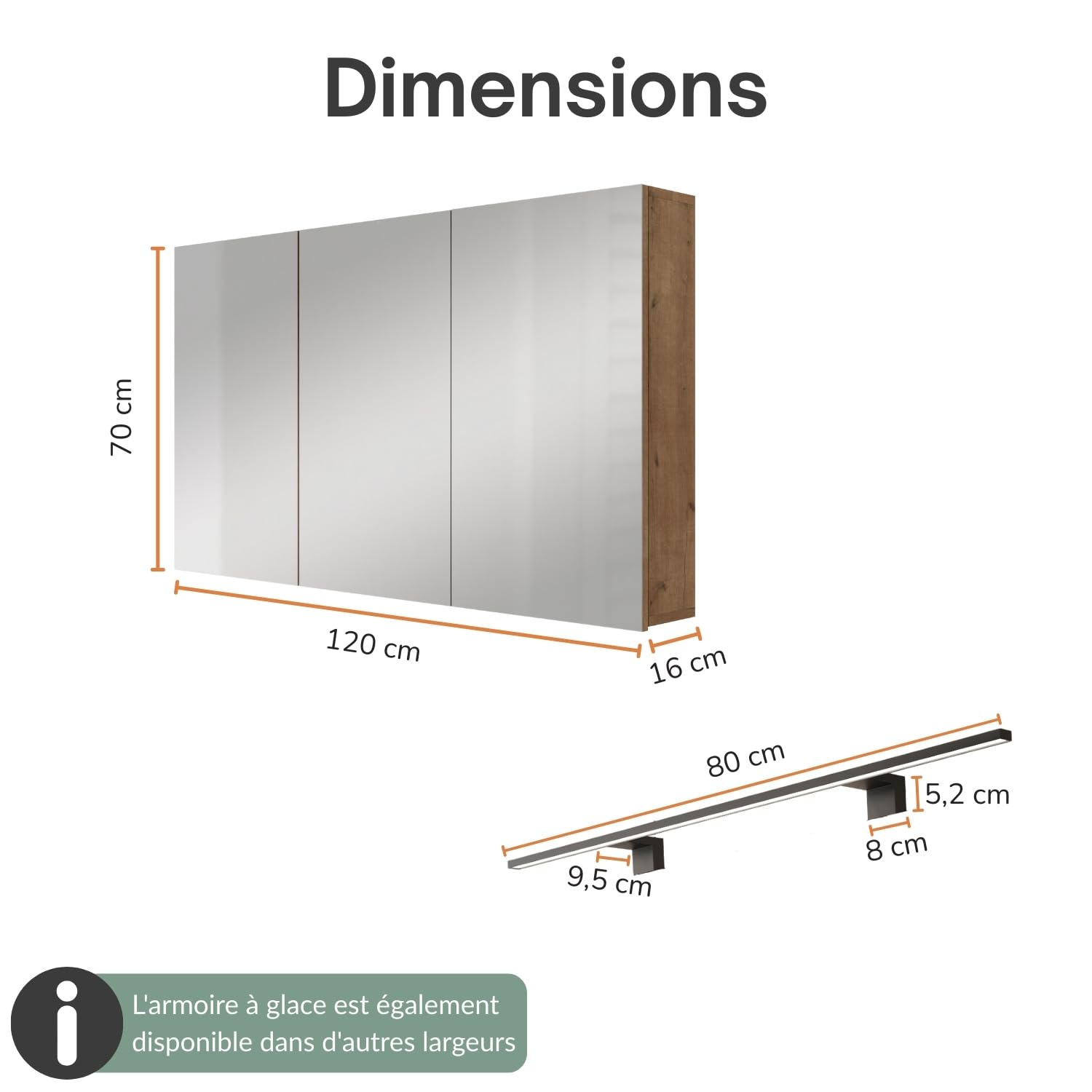 Planetmöbel Aria Armoire de Toilette avec éclairage, 120 x 70 x 16 cm, Armoire de Salle de Bain Suspendue avec Miroir, Chêne doré, avec Lampe et Prise électrique, pour WC invités