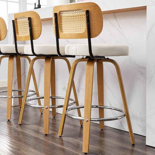 Image of Natural Rattan Bar Stools Set of 2,Upholstered PU Leather, 26'' Counter Height Barstools with Back and Wood Legs,360Swivel,Mid-Century Modern Bar Stool for Kitchen Island Dining Room and Bar(White)