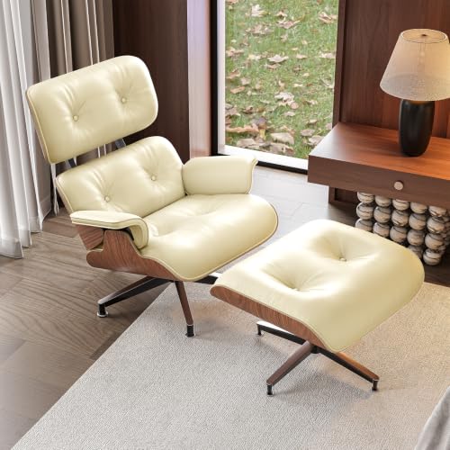 Image of Mid Century Modern Top Grain Leather Chaise Lounge Chair & Ottoman