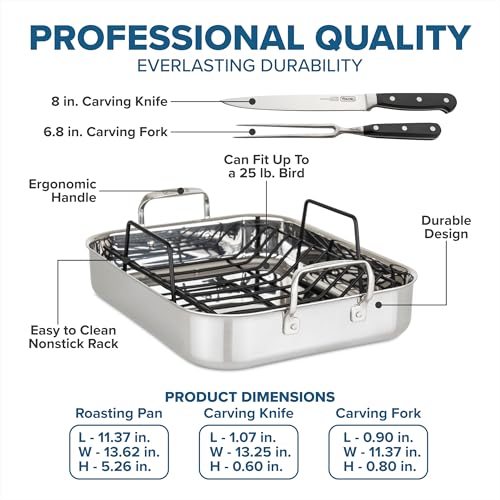 Image of Viking 3-Ply Stainless Steel Roasting Pan with Nonstick Rack and Carving Set, 16 x 13 Inch Kitchen Cookware, Great for Turkey, Dishwasher and Oven Safe, Induction Ready, SIlver