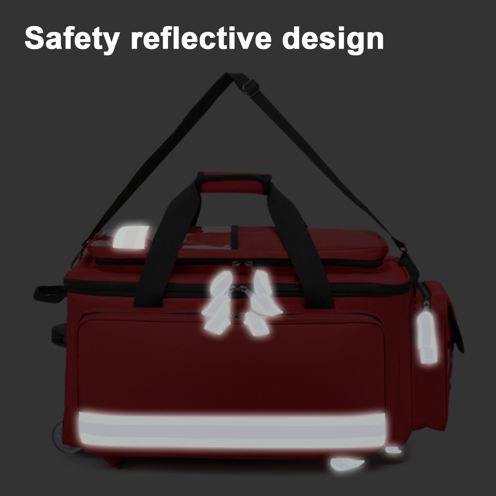 Bolsa médica con ruedas, bolsa de primeros auxilios, caja de emergencia desmontable con compartimentos y tiras reflectantes, para EMT, EMS, enfermeras de salud en el hogar, médicos, color rojo