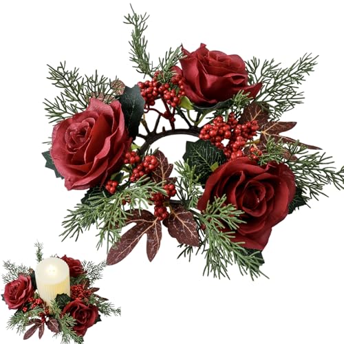 Christmas Rose Candle Holder - Xmas Wreath With Artificial Flowers, Red Berries, Pine Needle Leaves - Table Decoration for Dining Tables, Fireplaces, Windows