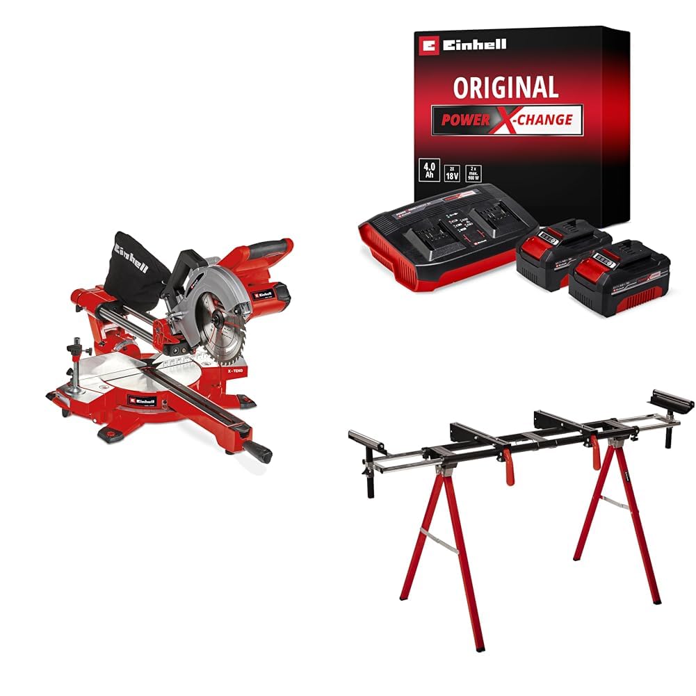 Einhell TE-SM 36/210 Li - Solo Akülü Gönye Testere + 18V 2 x 4,0 Ah PXC Twincharger Kit, Akü ve Şarj Cihazı + MSS 1608, Gönye Kesme Standı