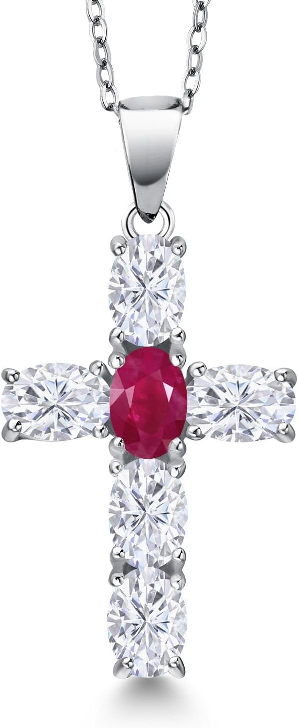 925 Sterling Silver White Moissanite and Red Ruby Cross Pendant Necklace for Women | 3.10 Cttw | Gemstone Birthstone | Oval 6X4MM | With 18 Inch Chain