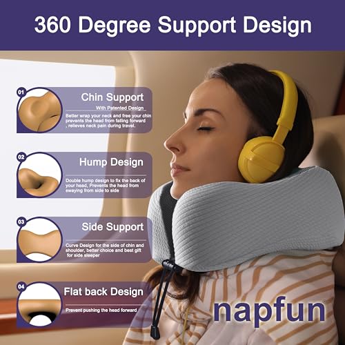 Image of napfun Neck Pillow for Traveling, Upgraded Travel Neck Pillow for Airplane 100% Pure Memory Foam Travel Pillow for Flight Headrest Sleep, Portable Plane Accessories, Mist Gray