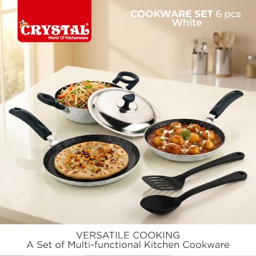 Image of Crystal Aluminum 6 Pcs Non Stick Cookware Set | Gas Stove Friendly | Tawa, Fry Pan, Kadhai with Lid, Laddle & Spatula | Durable 4 Layer Non Stick Coating | PFOA Free | White