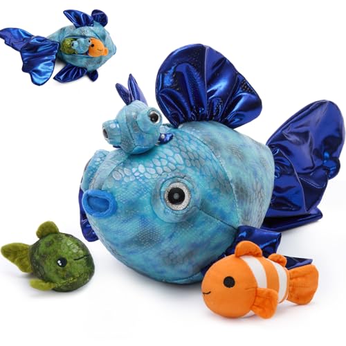 Muiteiur 4-in-1 Fish Family Stuffed Animal Set, 14.2" Soft Mommy Fish Plush