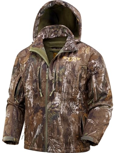 NEW VIEW Camo Hunting Jackets for Men, Warm Fleece Lined Hunting Jacket with Hood, Quiet Water Resistant Hunting Clothes, Nv Camo Tree, XX-Large