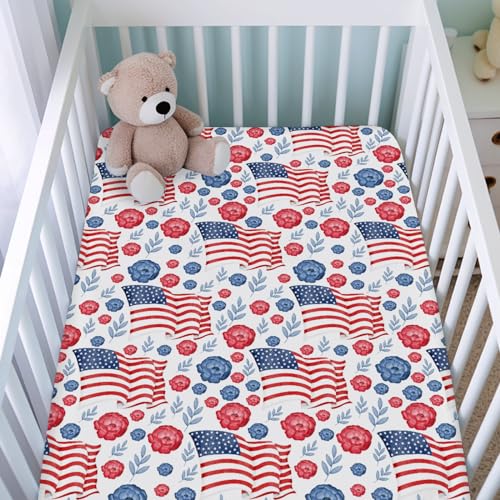 Image of American Flag Blue Red Floral Baby Crib Sheets for Boys Girls 52 inchx28 inch Patriotic 4th of July Independence Day Soft Breathable Toddler Nursery Bed Sheet for Standard Crib and Toddler Mattresses White