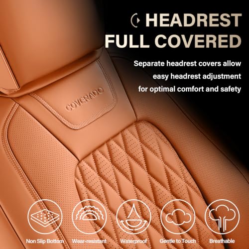 Image of Coverado Premium Leather Full Set Seat Covers Waterproof Heavy-Duty Protectors Custom Fit for Ford F150 (2015-2026) F250 /F350 /F450 (2017-2026)-Orange, Stain-Resistant