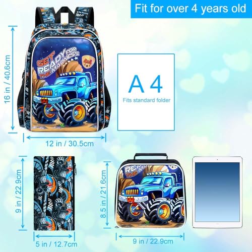 Image of 3Pcs Truck Backpack for Boys, 16 inch Bookbag with Lunch Box, Kids School Backpacks Set for Elementary Preschool Kindergarten (Balck)