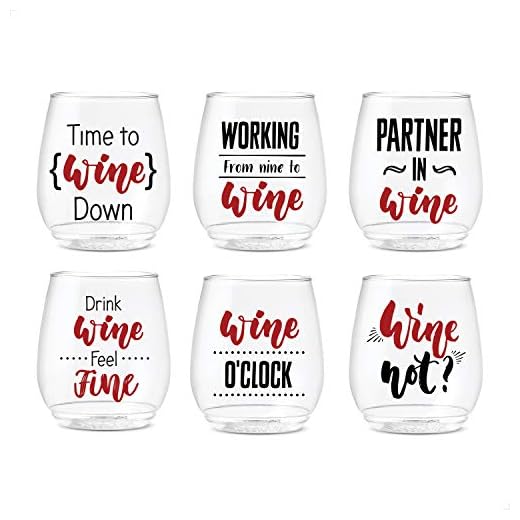 TOSSWARE POP 14oz Vino All About Wine Series, SET OF 6, Recyclable, Unbreakable & Crystal Clear Plastic Printed Glasses