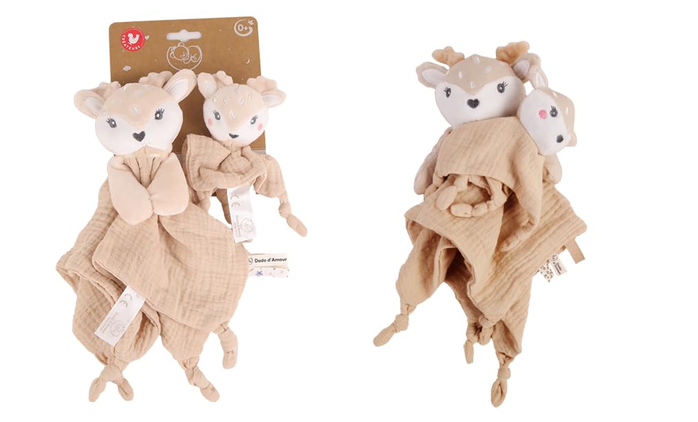 DODO D'AMOUR Coffret Cadeau Naissance – Doudou Carré 29 Cm Et Hochet Cliquetis 13 Cm, Biche Crème, Lavable
