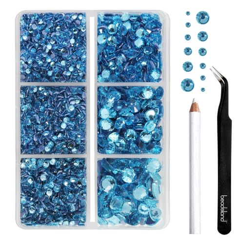 Image of BEADSLAND Hotfix Rhinestones, 4000 PCS Blue Rhinestones for Clothes Crafts Mixed 6 Sizes with Wax Pencil and Tweezers Kit, SS6-SS30, Aquamarine