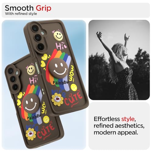 Image of Pikkme Back Cover for Samsung Galaxy M16 5G | Soft Silicone| Cute Rainbow Smile & 3D Cartoon Flower Design | Shockproof Raised Camera Protection Bumper Case (Brown)
