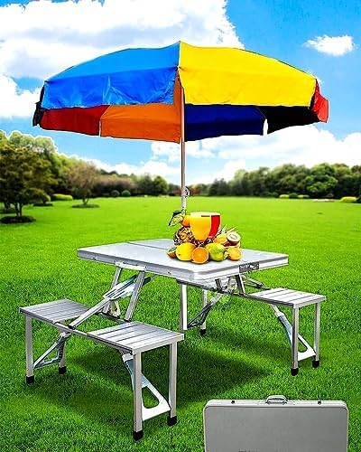 Large Aluminum Outdoor Dining Table: Durable, Portable, and Perfect for Camping 4 Teksbar Outdoor Portable Folding Picnic Table Set with 4 Seats & Umbrella – Lightweight Aluminum Camping & Travel Suitcase Table