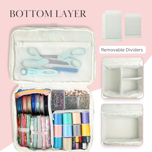Image of Double Layer Sewing and Craft Supply Organizer w /Customizable Dividers & Removable Pouches - Sewing and Craft Bag w /Pockets & Organizational Compartments -Including Pin Cushion