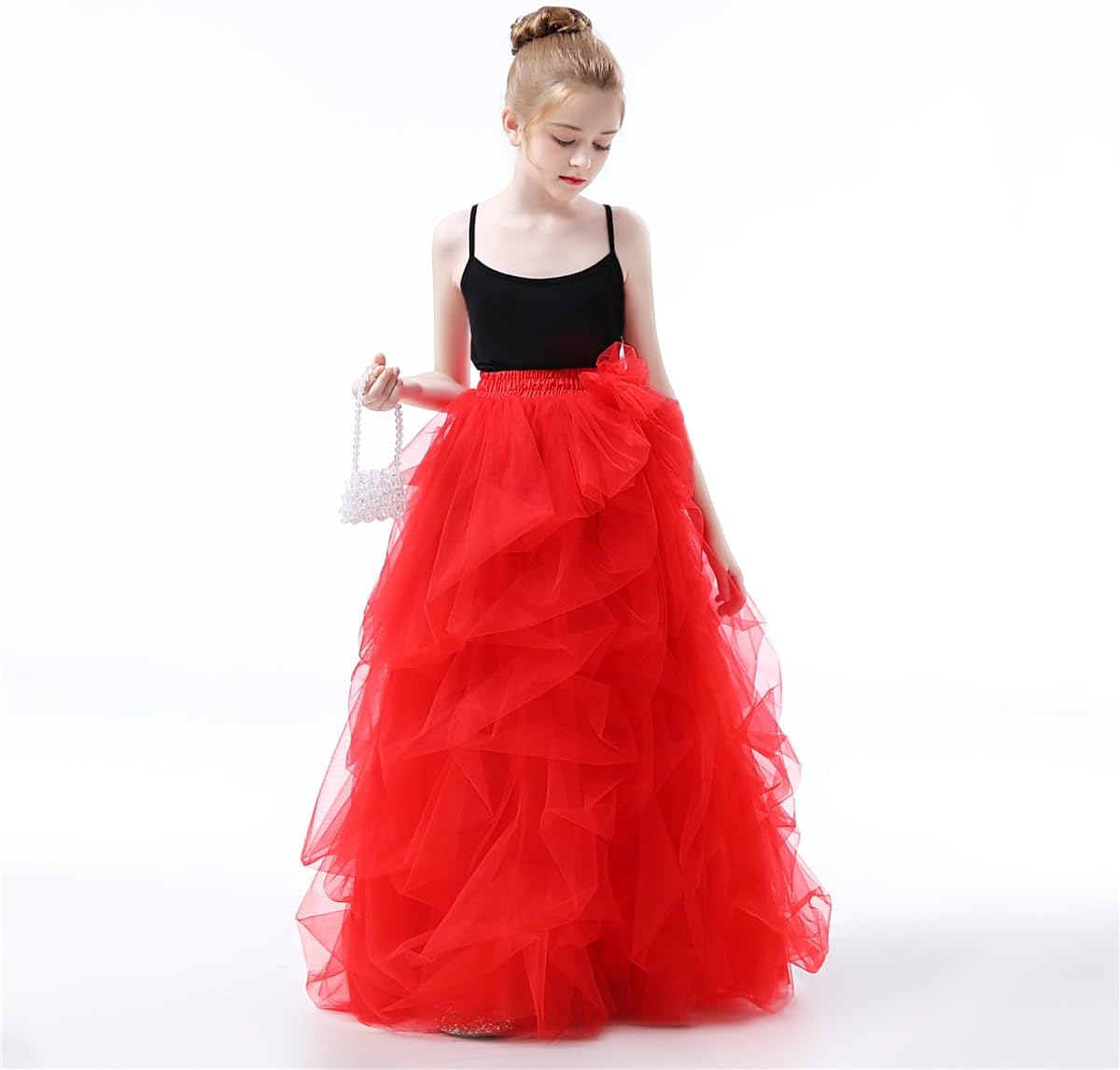 Qmker Girls Long Tutu Skirts Princess Slit Dress Candy Color Tulle Maxi Floor Length for Birthdany Party Handmade (6,Red)