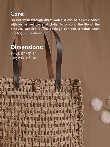 Image of KADAM HAAT Handmade Sabai Grass Lunch Bag for Women | Mesh Tiffin Bag for School & Office | Eco Friendly Carry Bag with Leather Handle | Natural Fiber Artisan Bag | Small | Beige