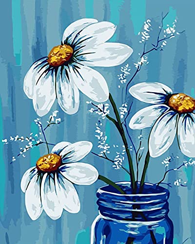 TISHIRON Pintura por números, flores azules preimpresas, lienzo de pintura al óleo, regalo para adultos y niños, kit de decoración del hogar, 40 x 50 cm Cover