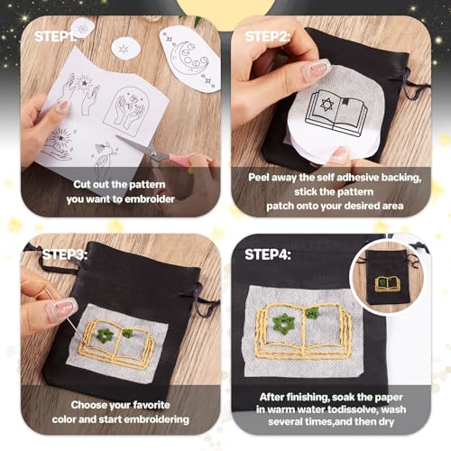 Image of 52 Pcs Water Soluble Embroidery Patterns Sun Crescent Moon Witchy Hand Patterns Stick and Stitch Transfer Embroidery Paper for Adult Beginners Hand Sewing Starter Kit