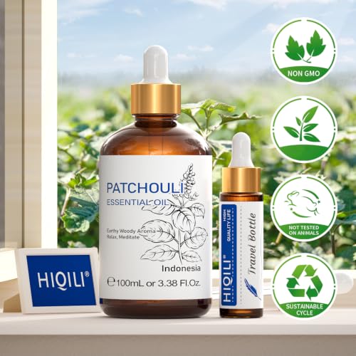 Image of HIQILI Patchouli Essential Oil for Diffuser,Skin Care&Hair Nourishment | Soothes Skin,Nourishes Hair,Fits Diffuser Aromatherapy&DIY Perfume,Great Gift Option,Large Capacity-100mL /3.38 fl.oz