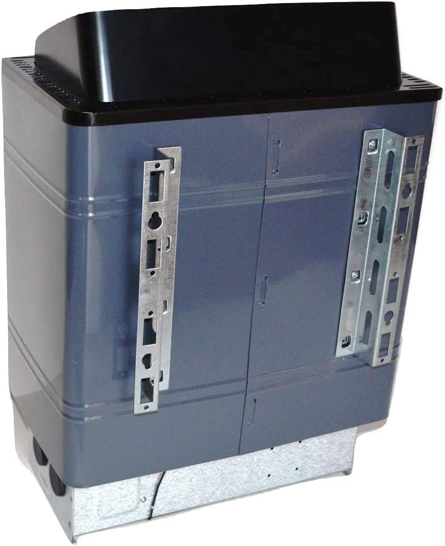 Back view of the sauna stove showing mounting brackets