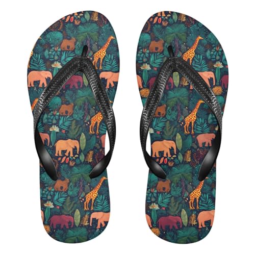 ALAZA Cute Cartoon Elephants Giraffes Flip Flops for Women Fashion Beach Slippers Comfort Mens Flip Flops Non-Slip Rubber Shower Slippers Sandal for Hotel Travel Sport,XS
