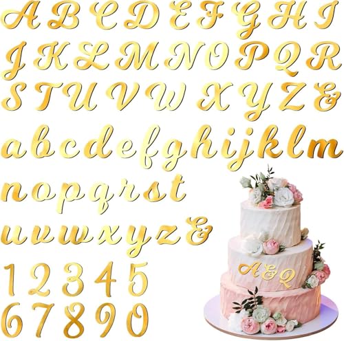 Viojrlly 64PCS A-Z Lettre et Numéros 0-9 Décoration Gâteau Topper, Acrylique Doré Majuscules Minuscules Ensemble Lettres Chiffres d'Decoration Gateau pour...