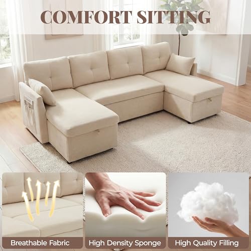Image of Huatean Home Oversized Sleeper Sofa Couch, 100 inch 2 in 1 Pullout Couch Bed with Side Pockets for Living Room, Sectional Sleeper Sofa Bed with Double Storage Chaise, Beige