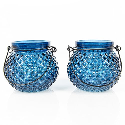 Logbuch-Verlag Pack de 2 portavelas pequeños de Cristal Estilo farolillo con asa de Metal 10 cm - portavelas Decorativos portavelas de Cristal Azul