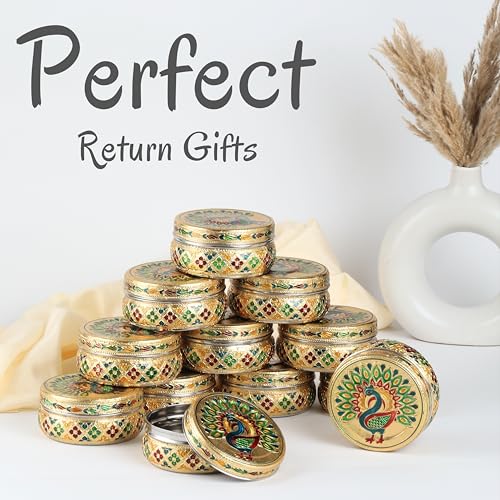Image of NAVRANG Stainless Steel Container Box Meenakari Storage Box /Chapati Box /Roti Dabba Peacock Design (Pack of 12, Golden)