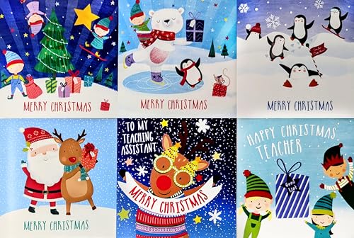 30 Mini Christmas Cards for Kids Cute Festive Designs 7.7cm Square With Envelopes Includes Teacher & Teaching Assistant Cards Xmas for School