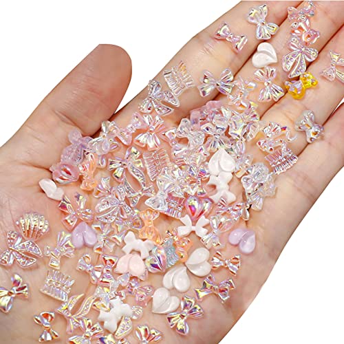 OTKARXUS Aurora Bow Nail Charms, 100pcs Mixed Designs Resin Nail Art Decorations for Women Girls Heart, Bow, Bear Shapes