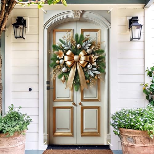 Image of Gold Bow Pine Branch Silver Ball Christmas Door Cover 35x71in