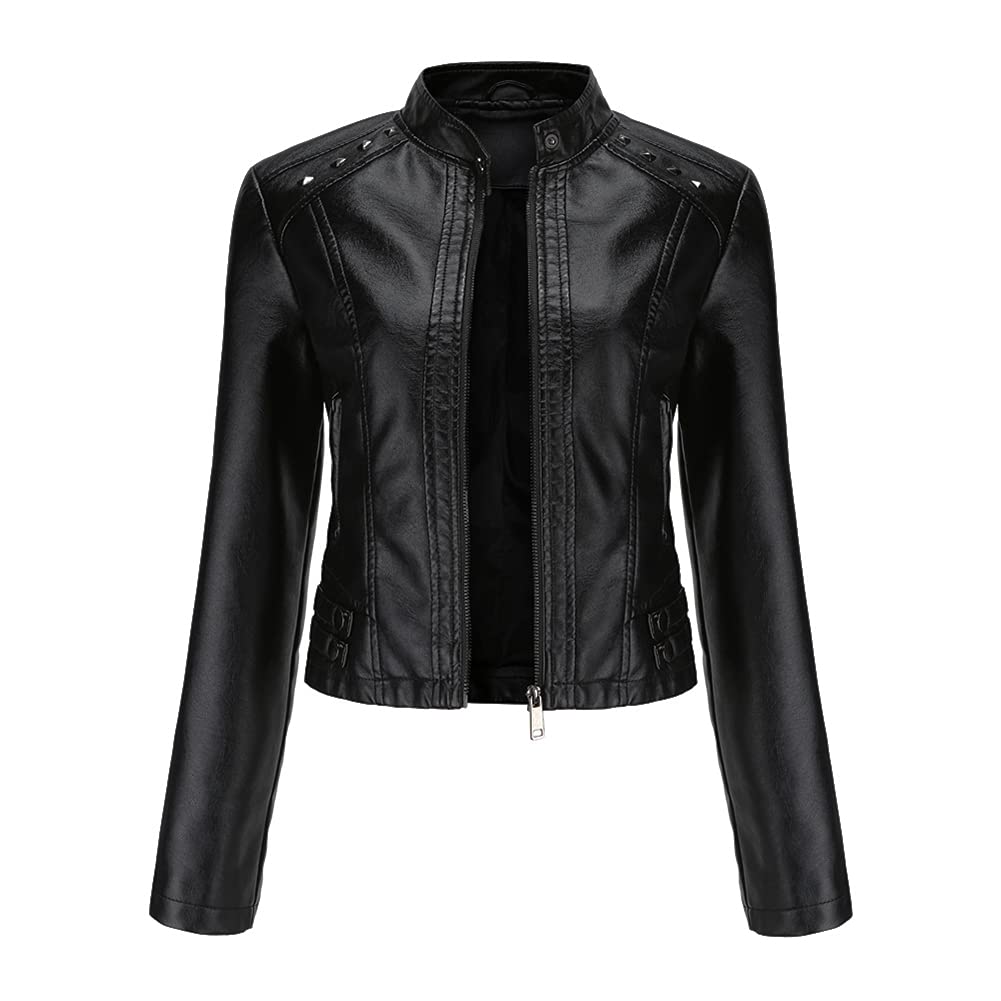 YYNUDA Lederjacke Damen Bikerjacke Stehkragen Frühling Herbst | Reißverschluss Kunstleder lange Ärmel gefütterter Schnitt Nieten Details Seitentaschen für Herbst Frühling Alltag Büro