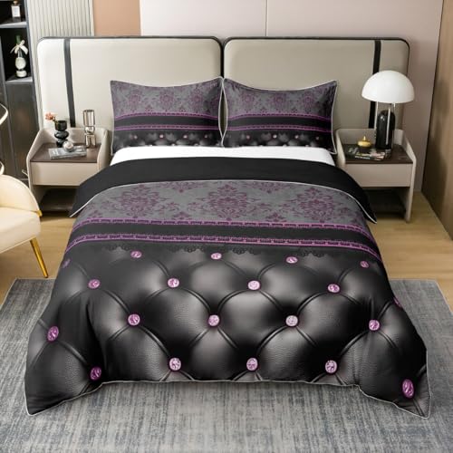 Homewish Juego de ropa de cama doble de damasco morado, decoración antigua, gótico, vintage, floral, algodón, funda de edredón de lujo, patrón de textura de diamante negro, bohemio, gótico victoriano