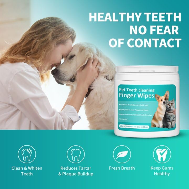Condition photo showing New/Like New for PITHER Dog Teeth Cleaning Wipes, Pet Dental Finger Wipes for Dogs & Cats Disposable Gentle Dog Teeth Cleaning Pads Tooth Brushing Kit Freshen Bad Breath Remove Plaque & Tartar Buildup 50 Counts