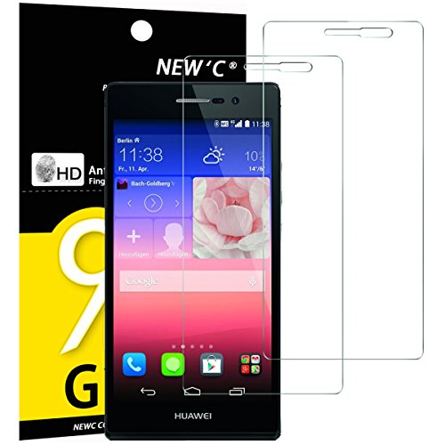 NEW'C 2 Piezas, Protector Pantalla para Huawei Ascend P7, Cristal templado Antiarañazos, Antihuellas, Sin Burbujas, Dureza 9H, 0.33 mm Ultra Transparente, Ultra Resistente