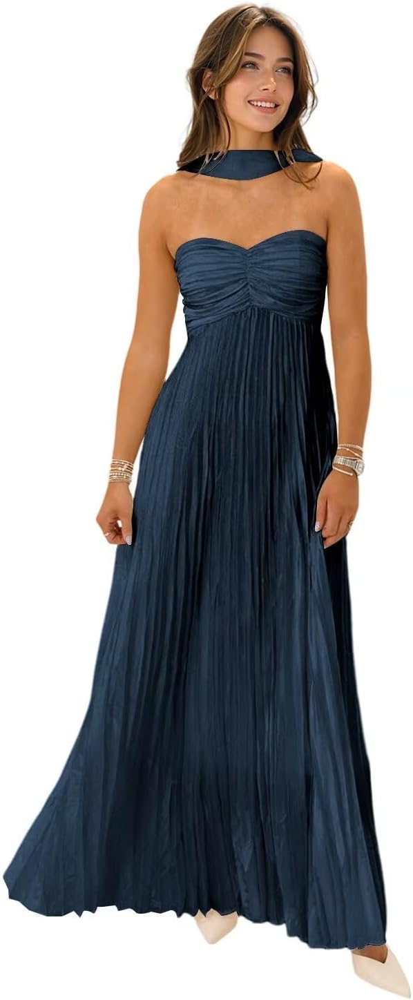 Strapless Bridesmaid Dresses for Women with Scarf 2025 Pleated Long Chiffon Formal Wedding Guest Dress Flowy Evening Gown