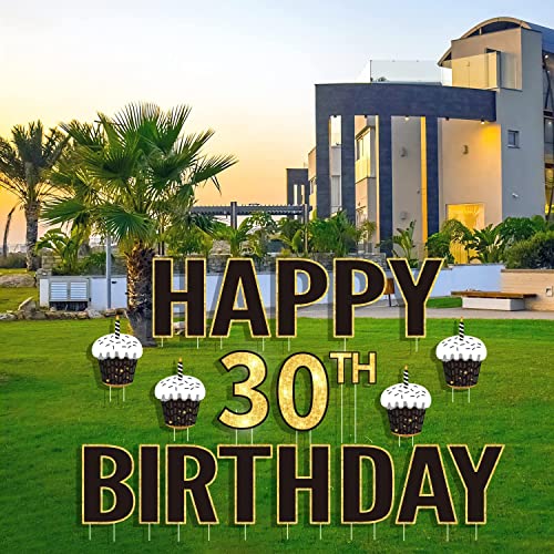 20Pcs 15" Happy 30Th Birthday Party Yard Signs With 40 Stakes,Black Gold Letters And Cupcake,Weatherproof Outdoor Lawn Decorations (Medium Size 30Th) #TOP6