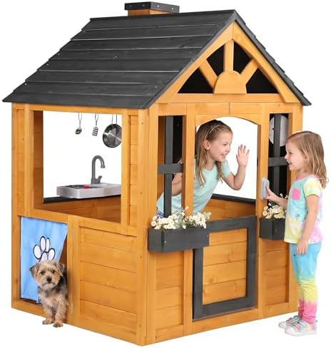 Jocoevol Kids Outdoor Playhouse, Cedar Wooden Kids Playhouse with Play Kitchen, Pet Door, Sink, Stove, Cookware, Windows, Flowerpot Holders, Ringing doorbell, Cottage Play House for Backyard