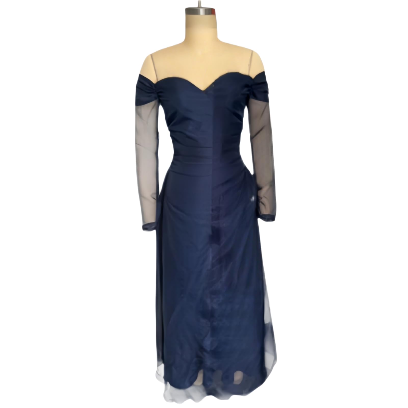 Maxivestido Elegante para Mujer en chifón Azul Oscuro, de Manga Larga, Hombros Descubiertos y Corte Ajustado; diseño de Primavera-Verano con Paneles de Malla.