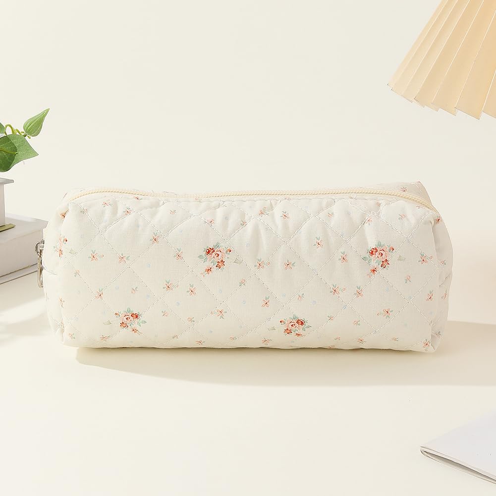 CHAMAIR 3Pcs Coquette Makeup Bag - Quilted Cosmetic Bag Large Make Up Bag Set Aesthetic Floral Toiletry Bag Cotton Travel Skincare Bag for Women Ladies Girls (Style B4) - Image 4