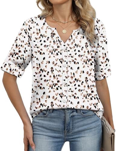 Image of OFEEFAN Button Down Shirts for Women 3 /4 Length Sleeve Tops V Neck Blouses Business Casual Outfits Loose Fit