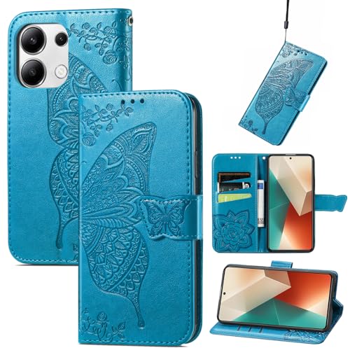 JIUNINE Funda para Xiaomi Redmi Note 13 4G, Antigolpes Carcasa Libro con Tapa en Cuero Flip Case Cover con Dibujos de Mariposa, Cierre Magnético, Cartera y Soporte para Redmi Note 13 4G, Azul