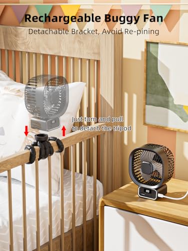 Miniatura 5 de Ventilador Portátil Para Carrito Bebe Con 10000mah, 3 Velocidades Ventilador Recargable Con Rotación De 270 , Ventilador Usb Silencioso Con Soporte Extraíble Y Led Para Carrito Bebe, Cunas, Negro